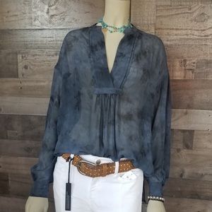 Vince Watercolor Marble Shirred Silk Blouse